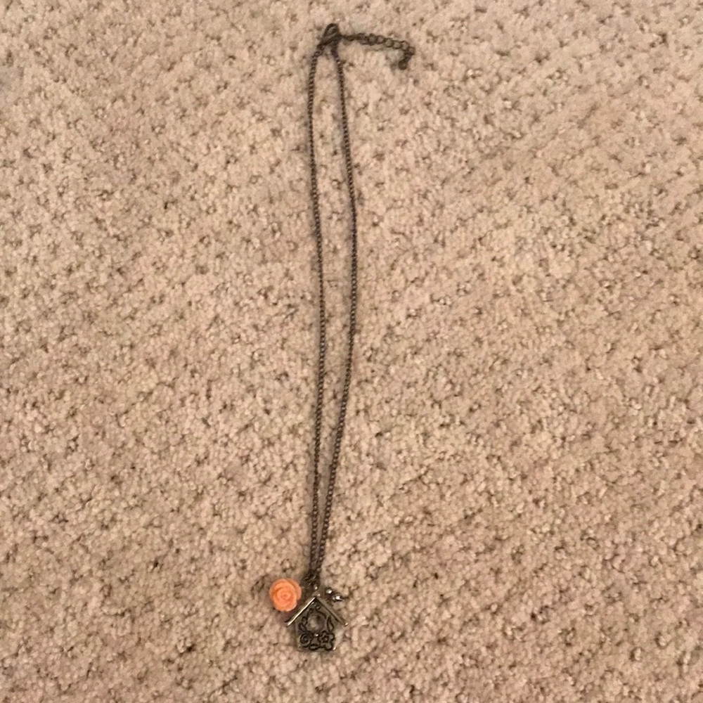 Tiny bird house necklace with flower